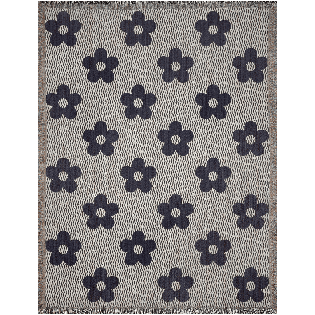 60s Black And White Flower Pattern Cotton Weave Throw Blankets - Taylor Bassam