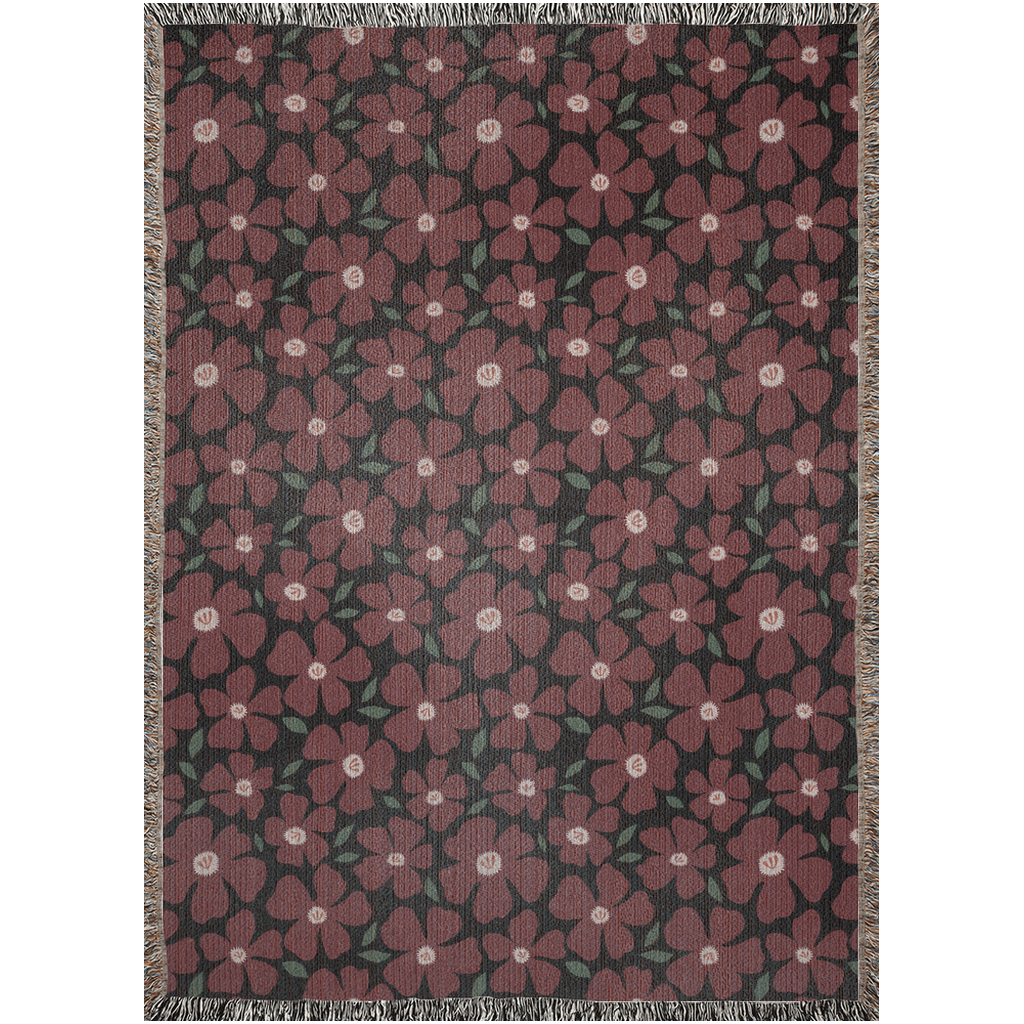 Maroon and Black Daisy Pattern Woven Blanket