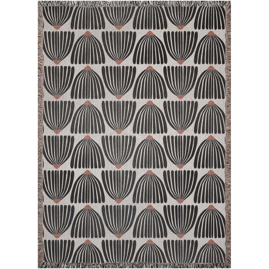 Mid Century Modern Black Flower Pattern Woven Cotton Throw Blankets - Taylor Bassam