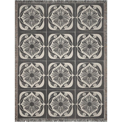 Black and Beige Folklore Floral Woven Cotton Throw Blankets