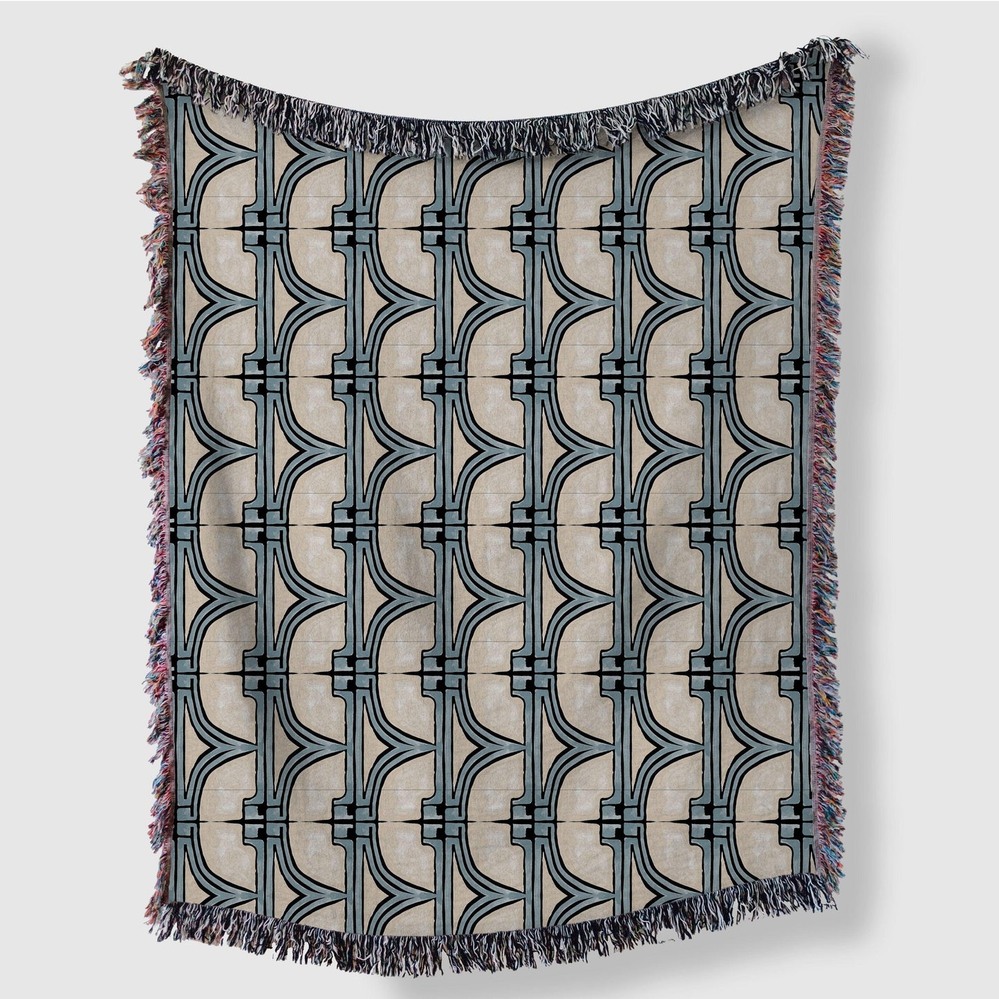 Baby Blue And Beige 1920s Pattern Woven Blankets