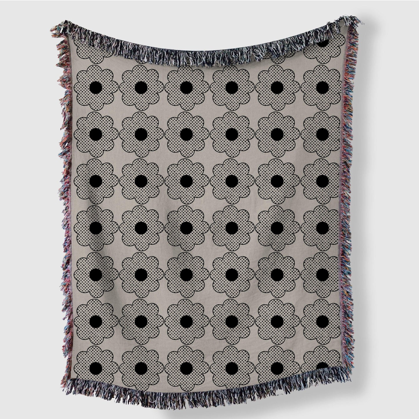 Beige And Black Halftone Groovy Flower Woven Blankets