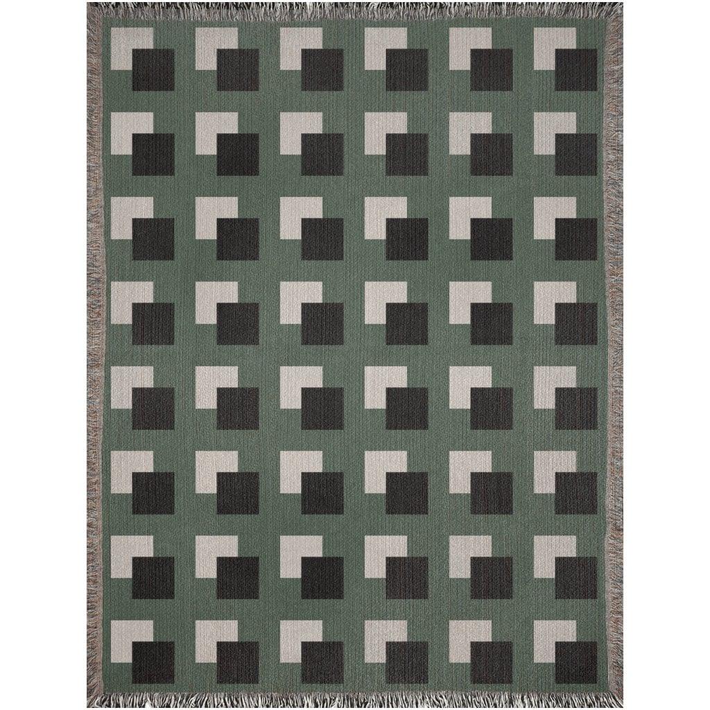 Green Beige And Black Geometric Squares Woven Blankets