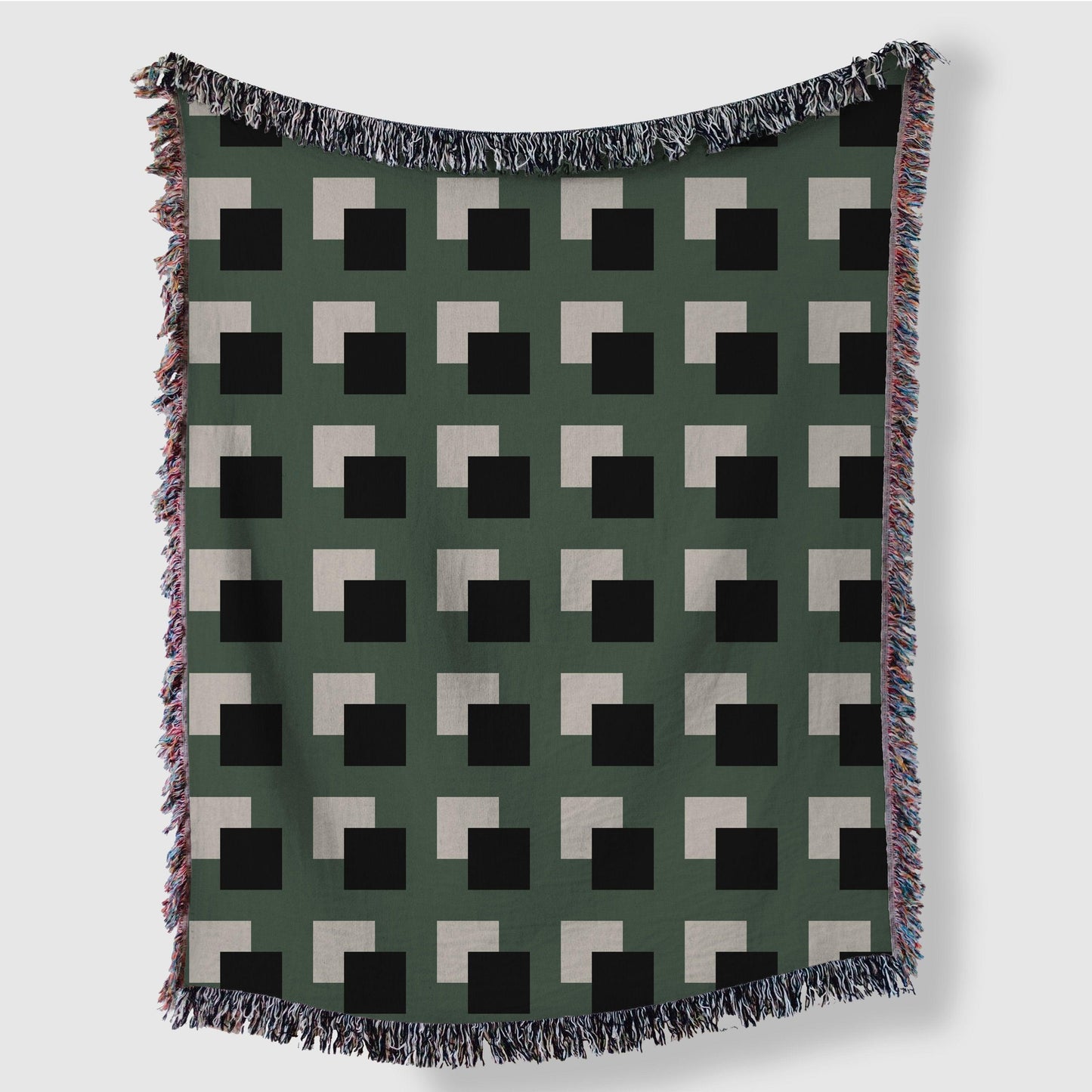 Green Beige And Black Geometric Squares Woven Blankets