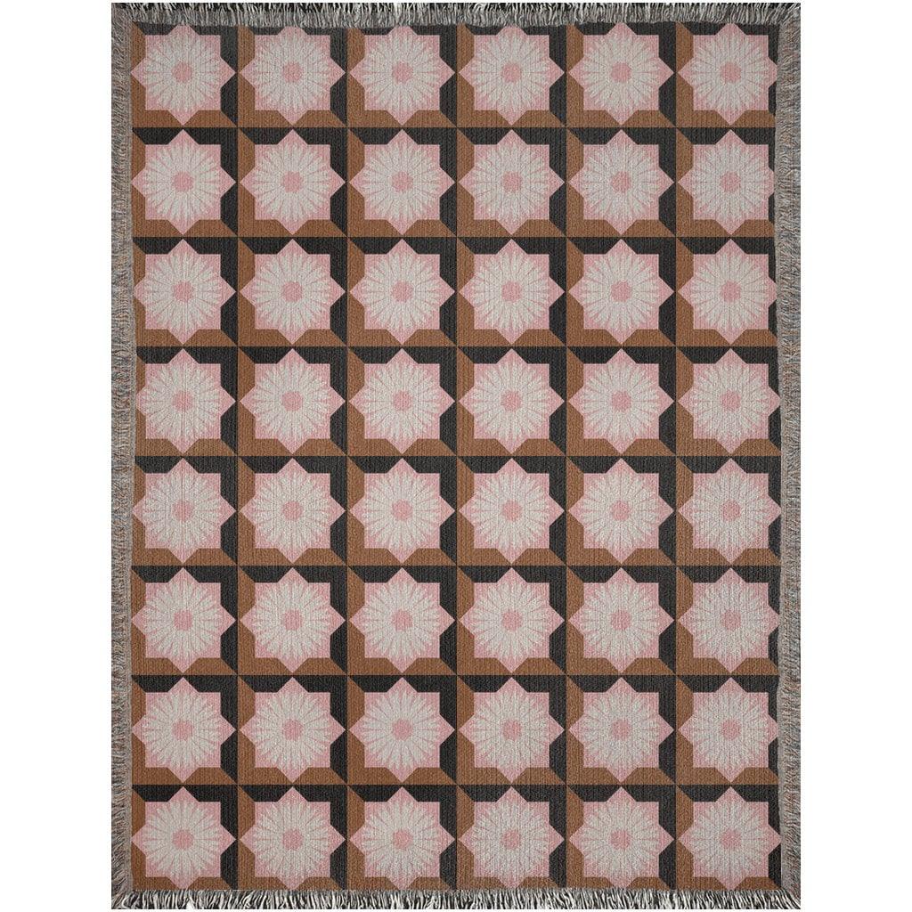 Pink Brown And Black Modern Floral Woven Cotton Blankets