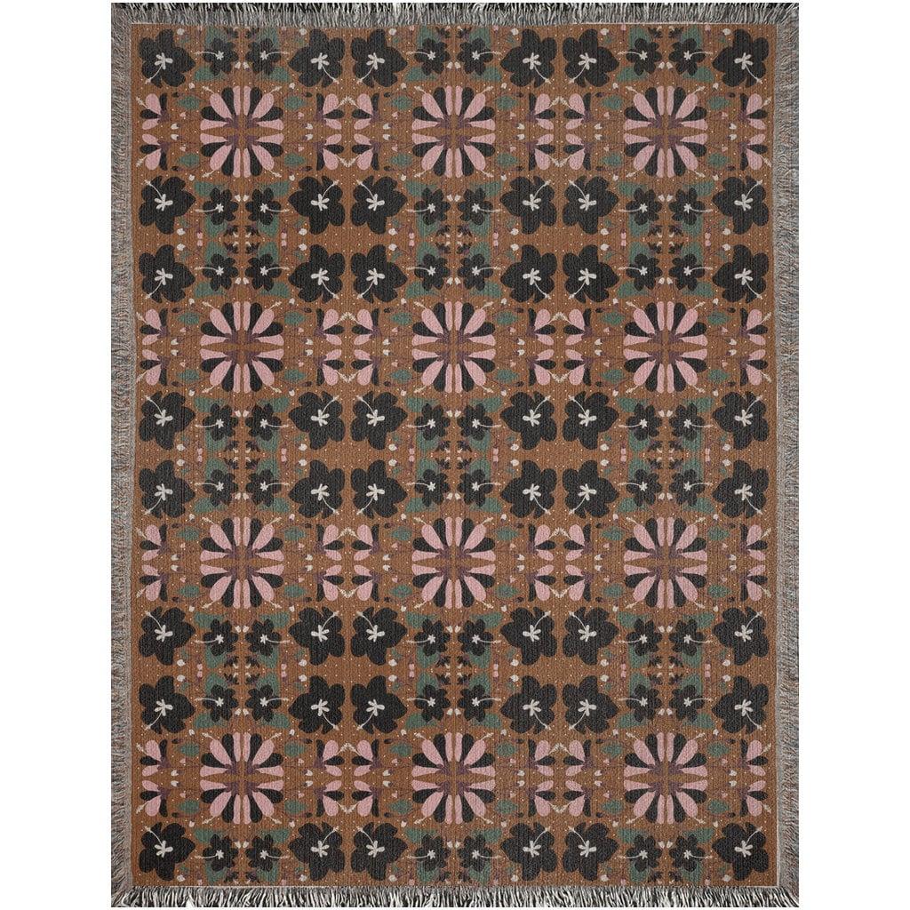 Dark Green Brown Black And Pink Scandi Floral Woven Cotton Blankets