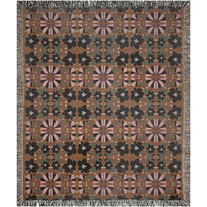 Dark Green Brown Black And Pink Scandi Floral Woven Cotton Blankets