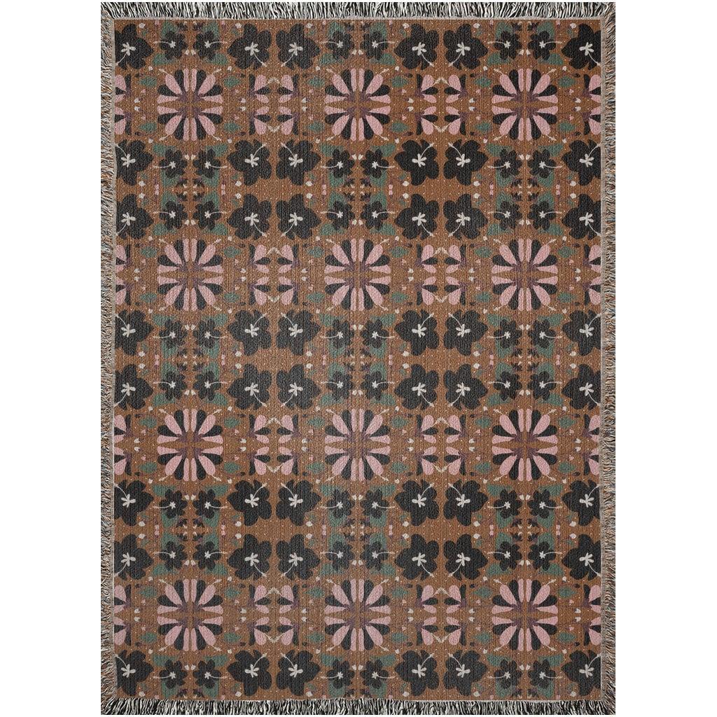 Dark Green Brown Black And Pink Scandi Floral Woven Cotton Blankets