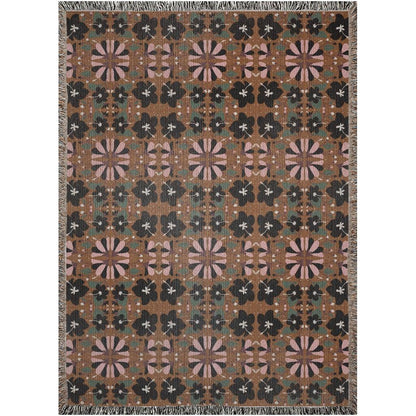 Dark Green Brown Black And Pink Scandi Floral Woven Cotton Blankets