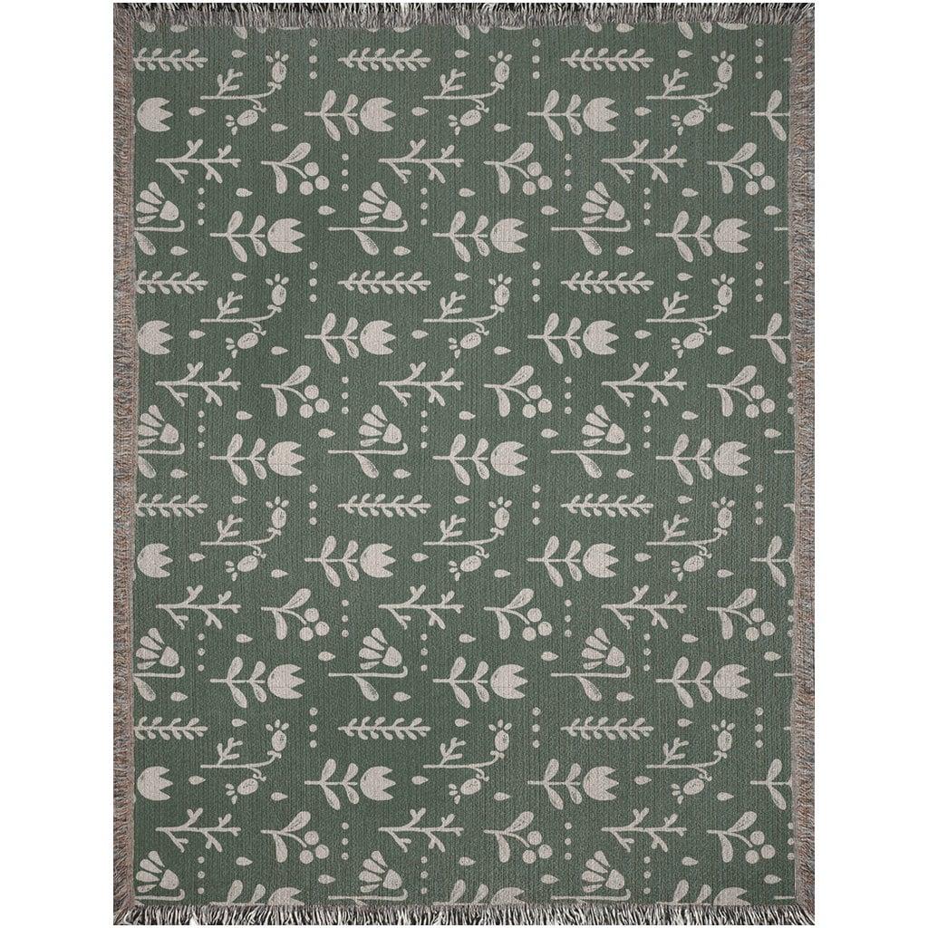 Green And Beige Scandi Nordic Flower Woven Cotton Blankets