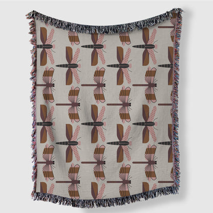 Pink Brown Black Beige Dragonfly Woven Cotton Blankets