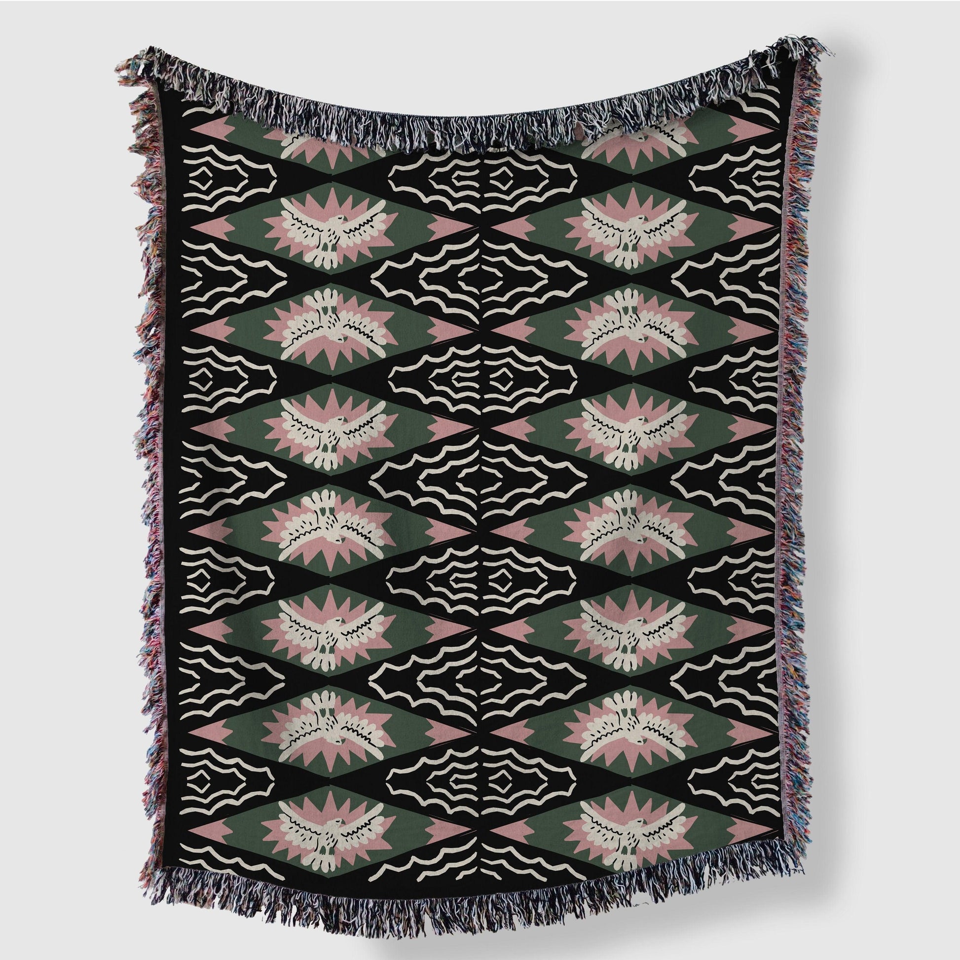 Boho Eclectic Dark Pink And Green Bird Woven Blankets