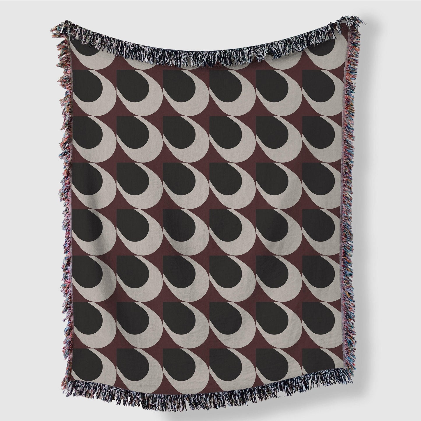 Maroon Black Beige Bauhaus Pattern Woven Cotton Throw Blankets