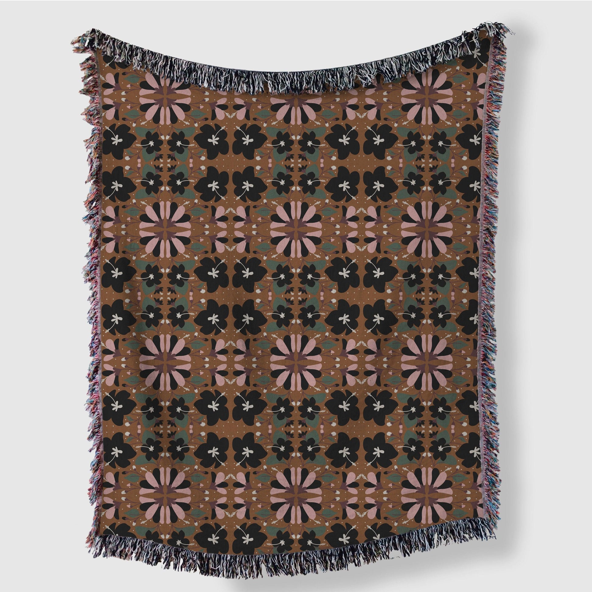 Dark Green Brown Black And Pink Scandi Floral Woven Cotton Blankets