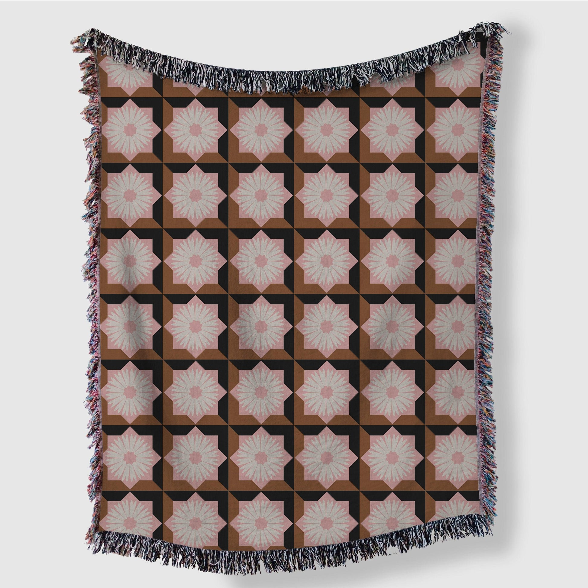 Pink Brown And Black Modern Floral Woven Cotton Blankets