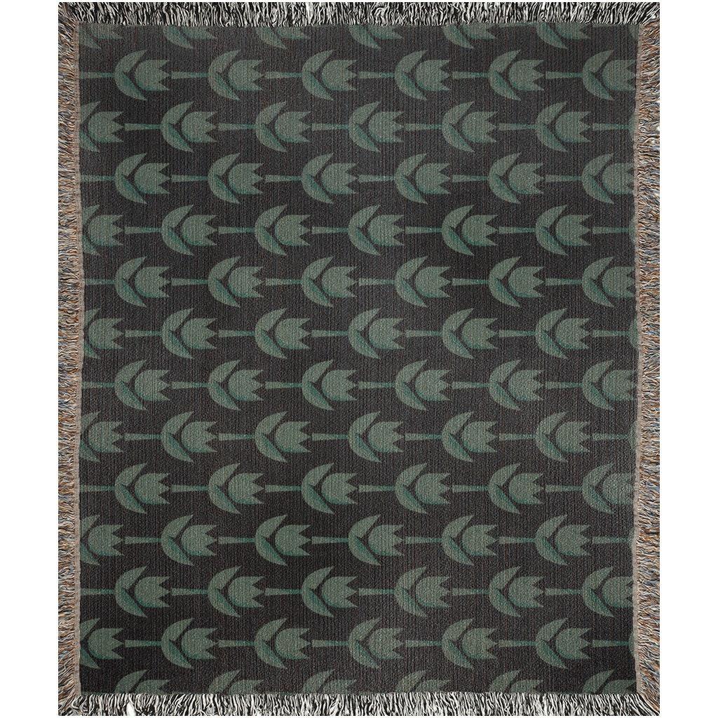 Green And Black Minimalist Flowers Woven Blankets