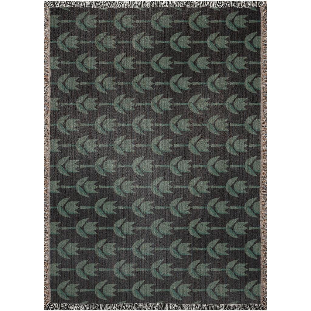 Green And Black Minimalist Flowers Woven Blankets