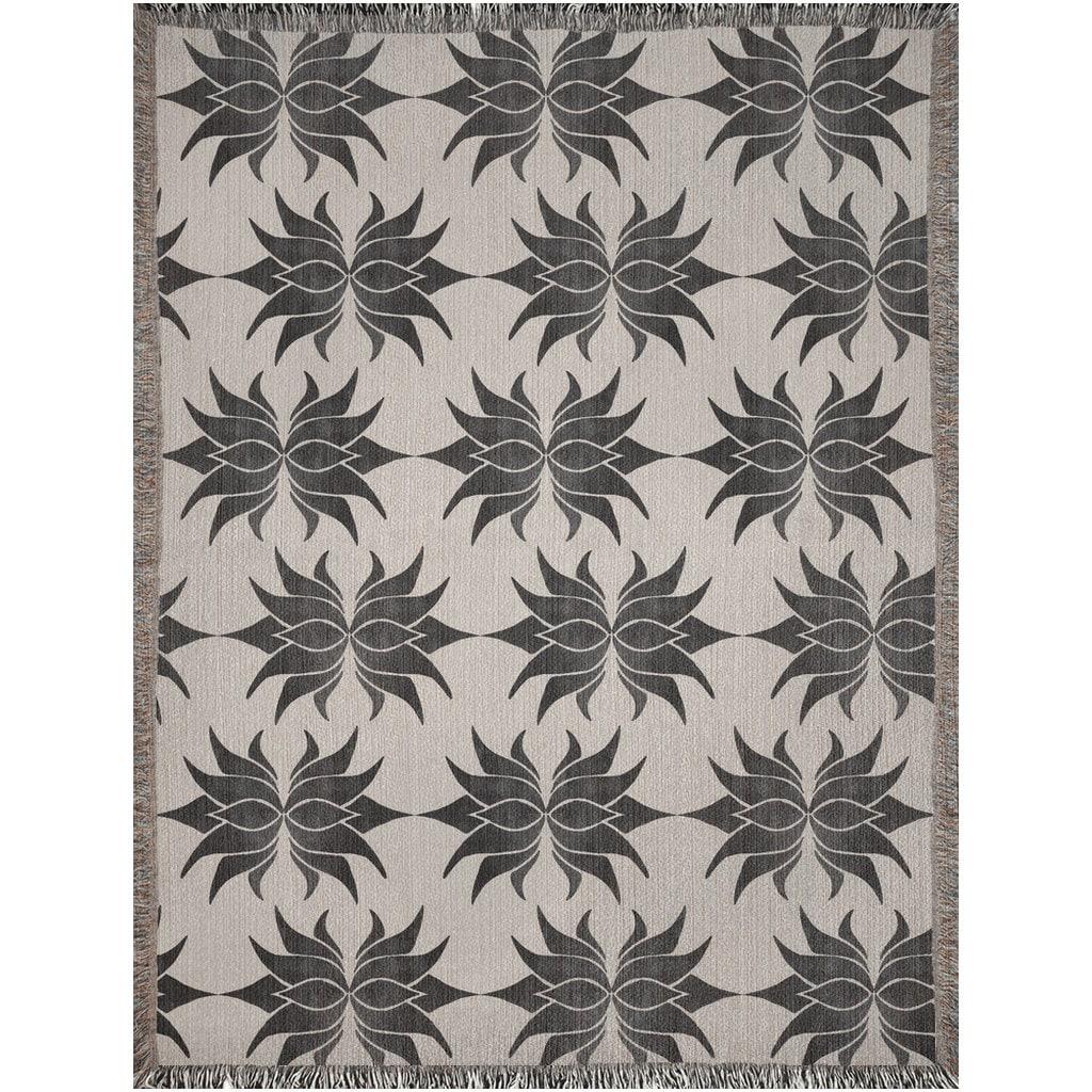 Beige And Black Lotus Pattern Minimalist Woven Cotton Blankets