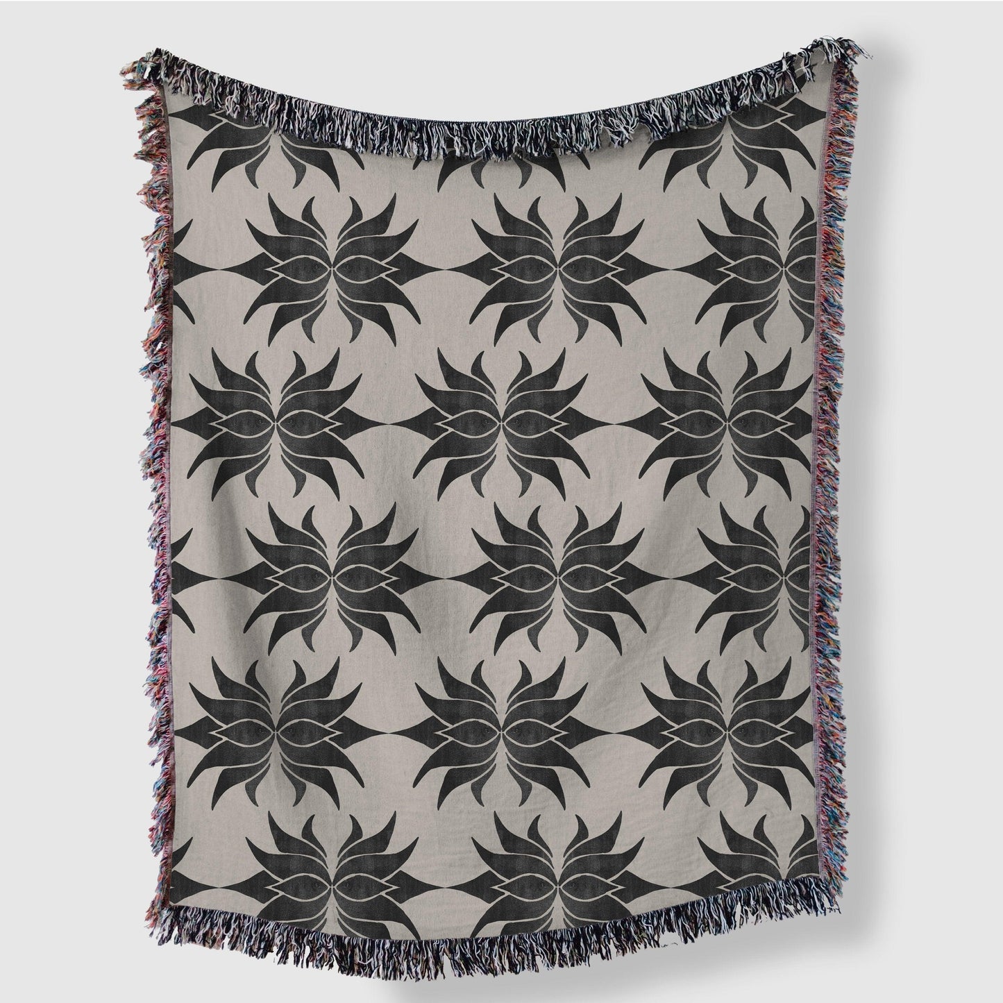 Beige And Black Lotus Pattern Minimalist Woven Cotton Blankets