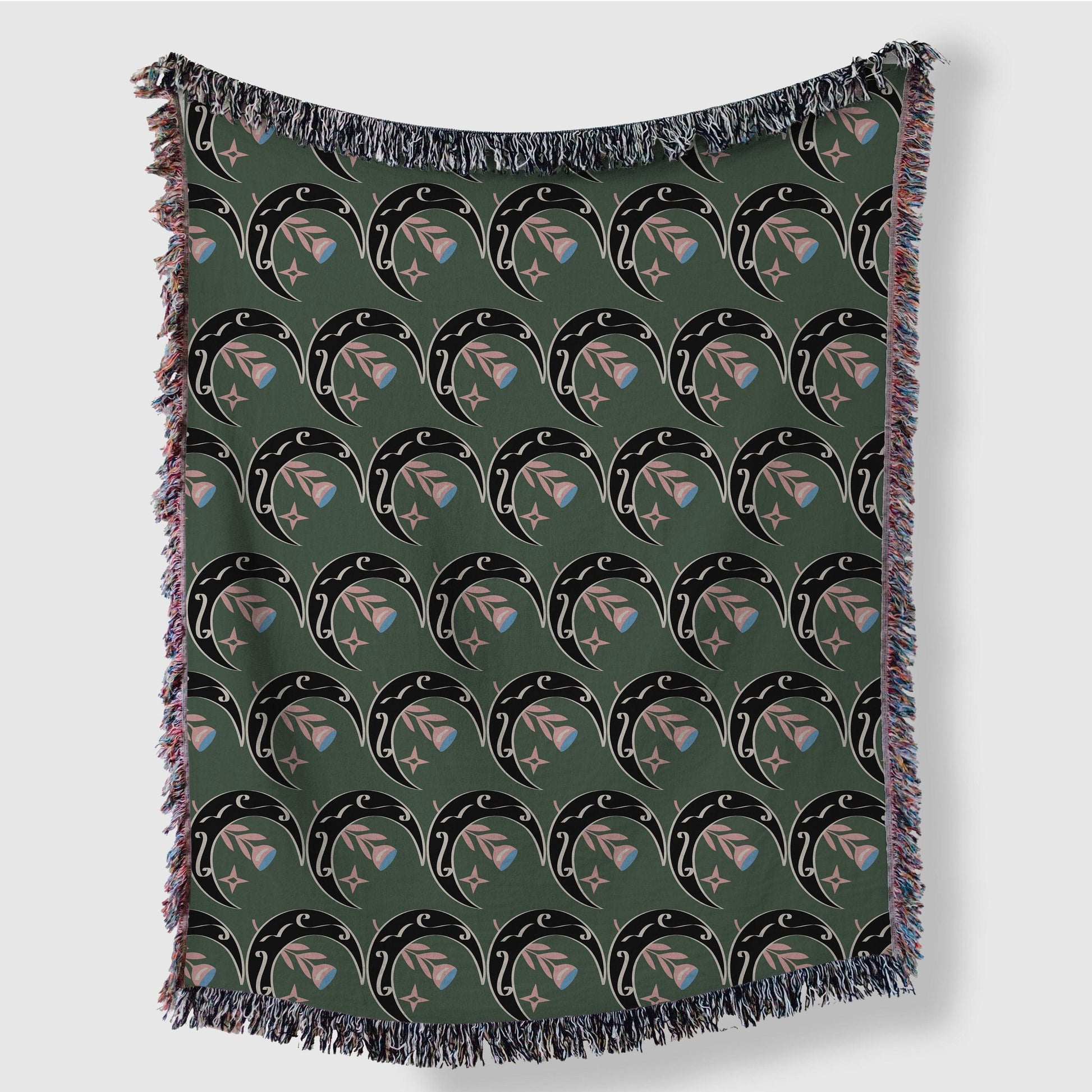 Sage Green Esoteric Moon And Stars Woven Cotton Blankets