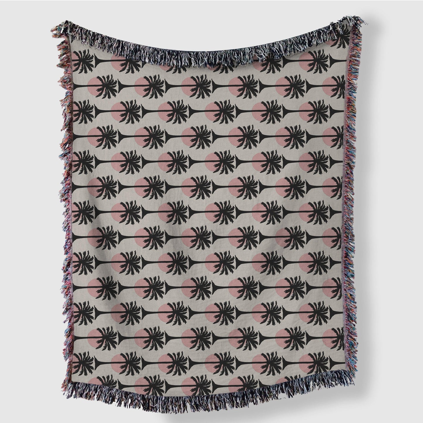 Pink And Black Palm Tree Pattern Woven Cotton Blankets