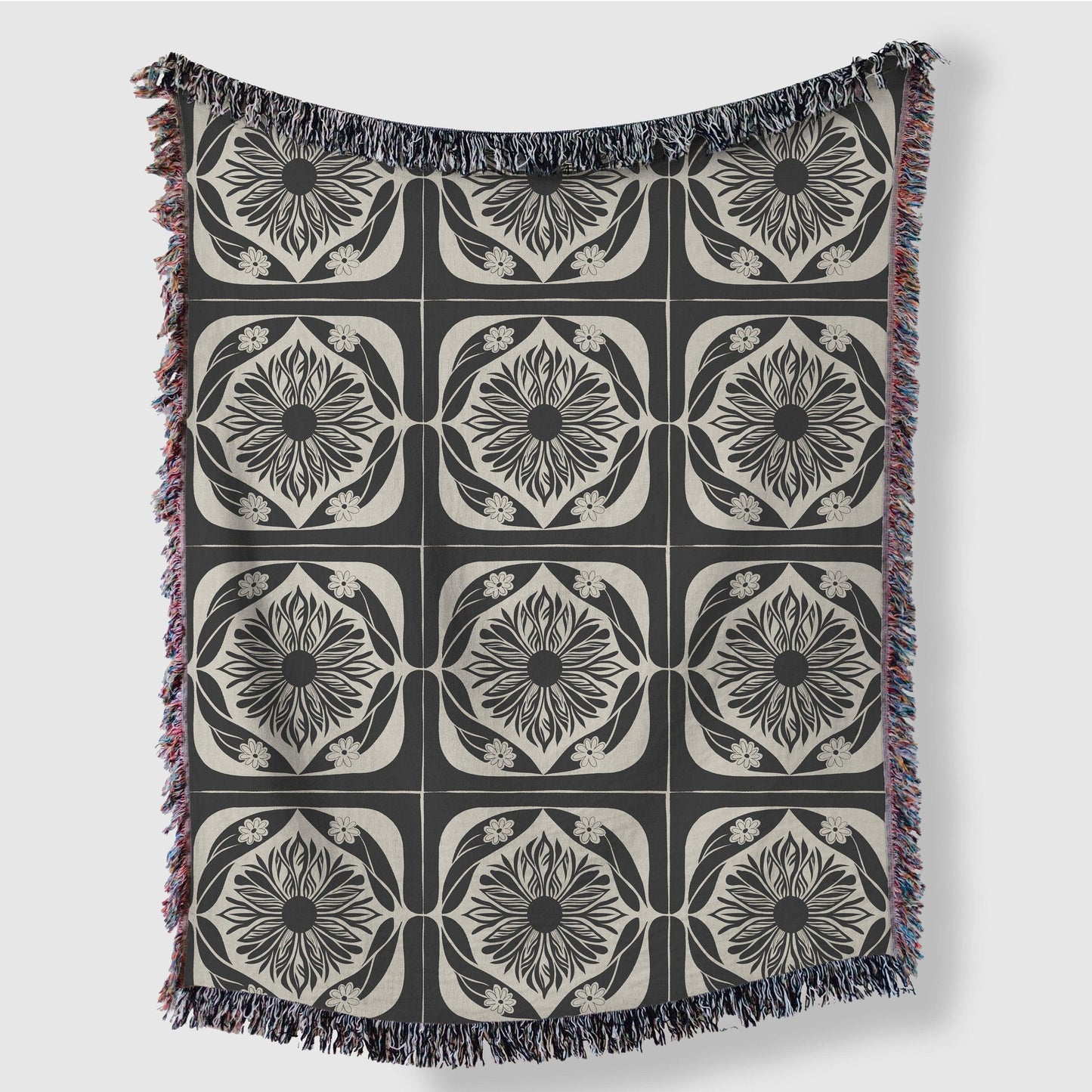 Black and Beige Folklore Floral Woven Cotton Throw Blankets