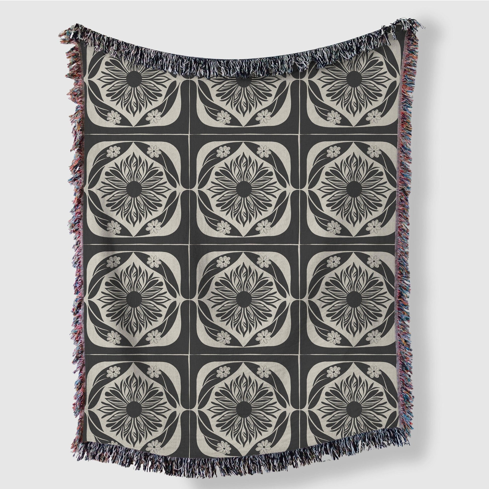 Black and Beige Folklore Floral Woven Cotton Throw Blankets