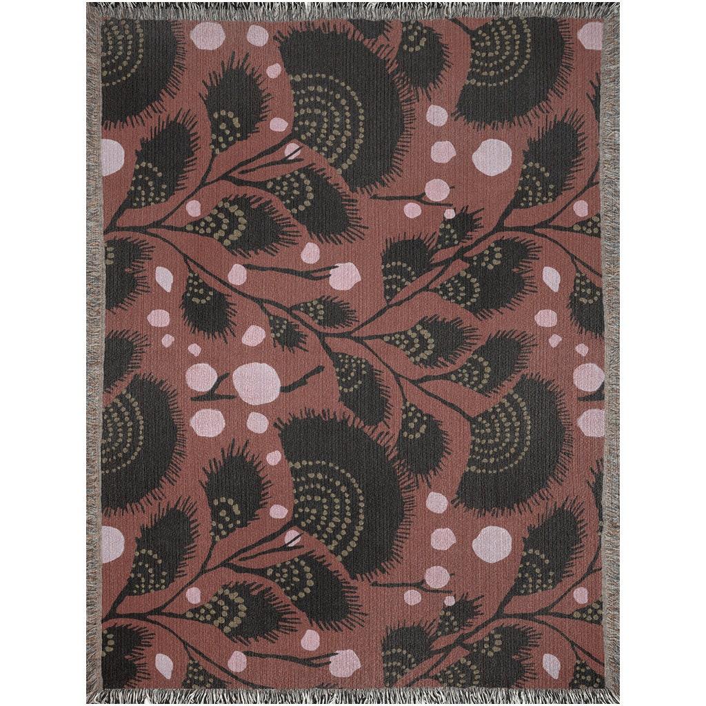 Maroon Art Deco Black Floral Woven Cotton Throw Blankets