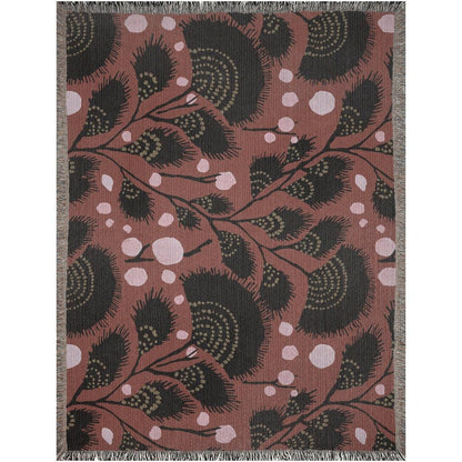Maroon Art Deco Black Floral Woven Cotton Throw Blankets
