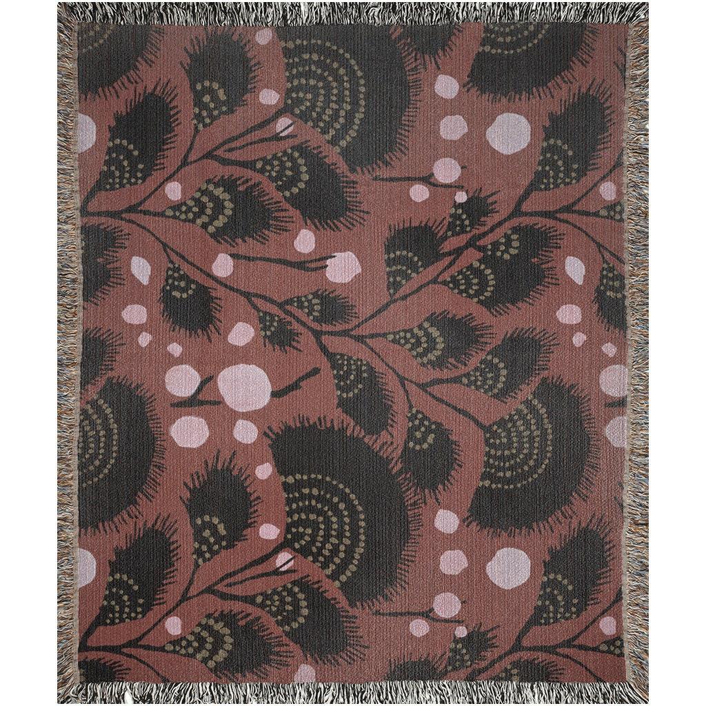 Maroon Art Deco Black Floral Woven Cotton Throw Blankets