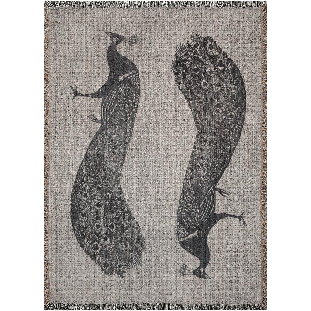 Black And Beige Linocut Peacock Woven Blankets