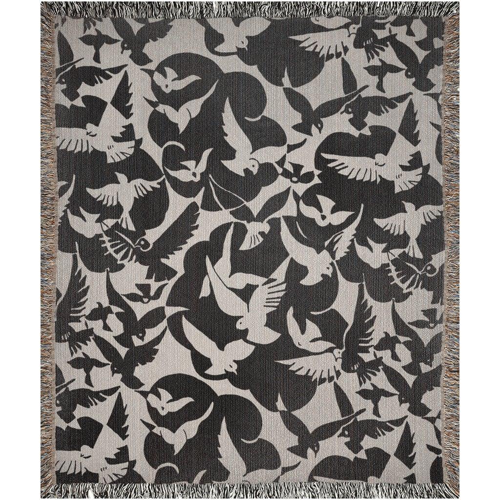 Art Deco Black And White Birds Woven Cotton Throw Blankets