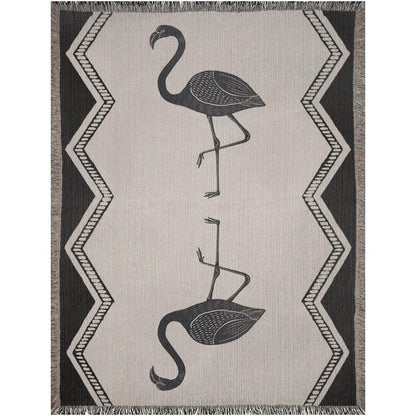 Black And Beige Art Deco Flamingo Woven Cotton Throw Blankets