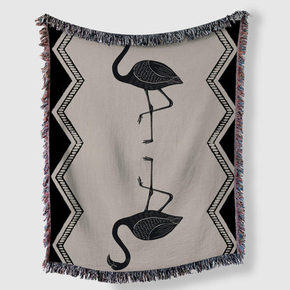 Black And Beige Art Deco Flamingo Woven Cotton Throw Blankets