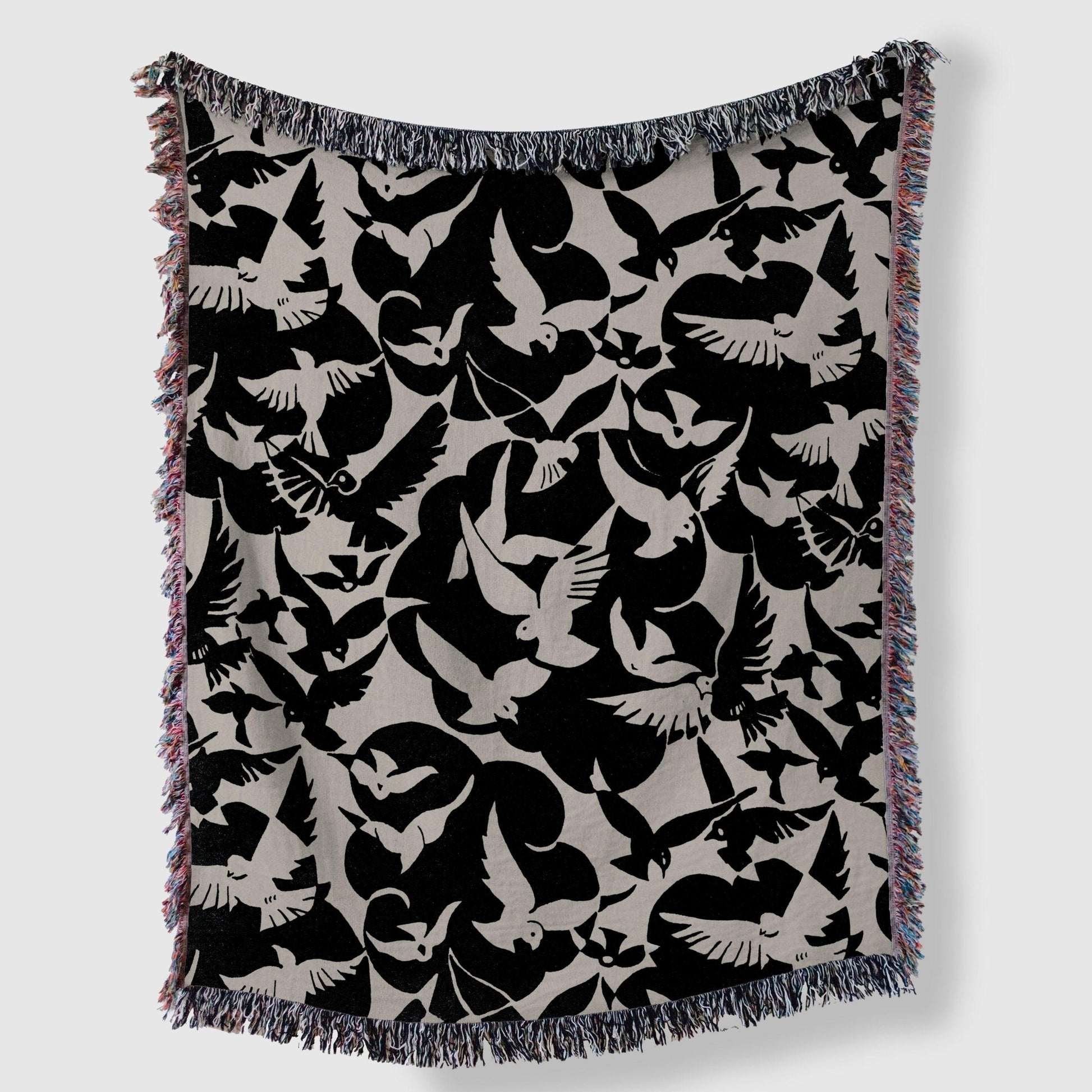 Art Deco Black And White Birds Woven Cotton Throw Blankets