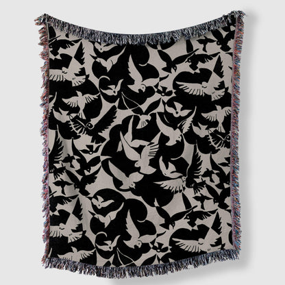 Art Deco Black And White Birds Woven Cotton Throw Blankets