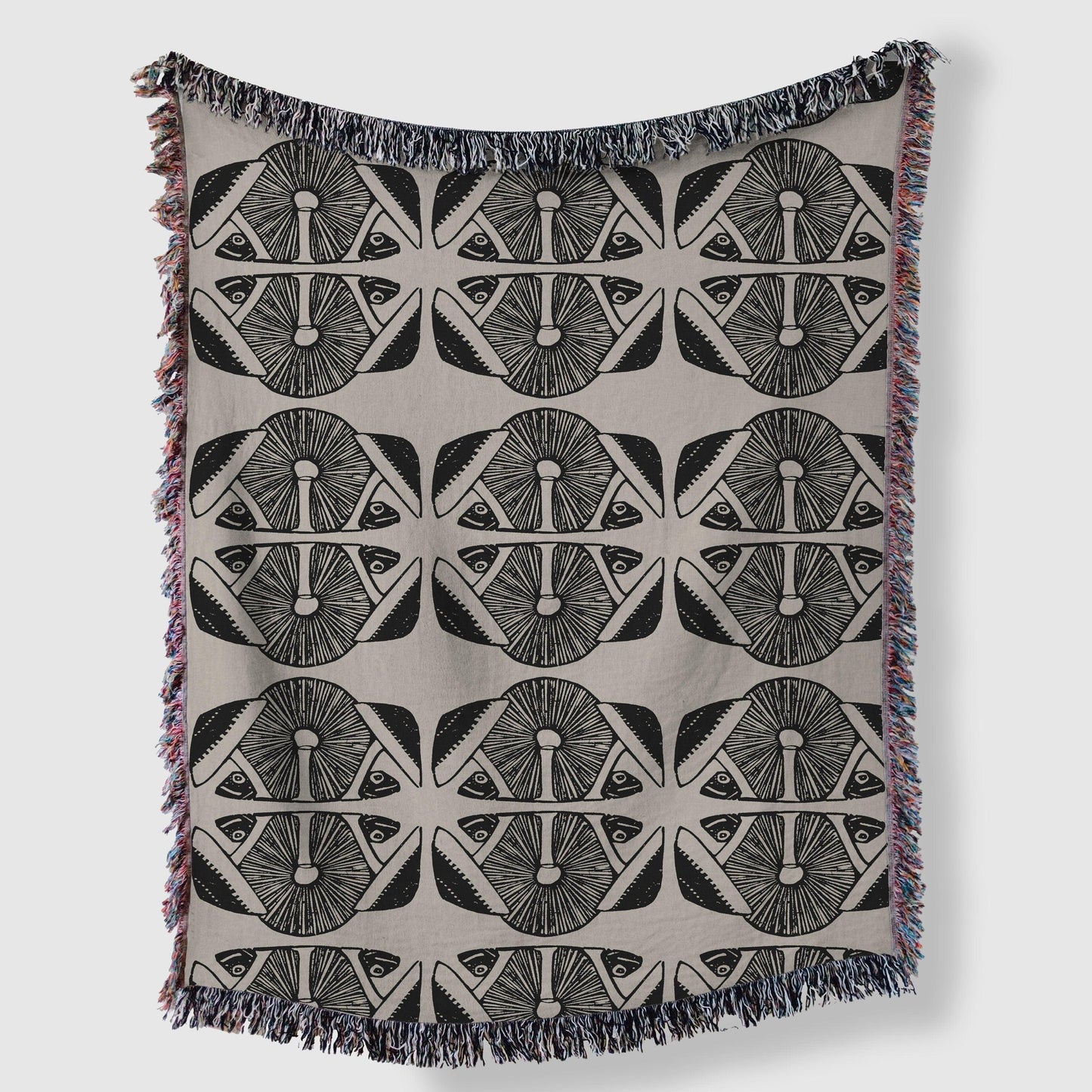 Art Deco Mushroom Frog Beige And Black Woven Cotton Throw Blankets