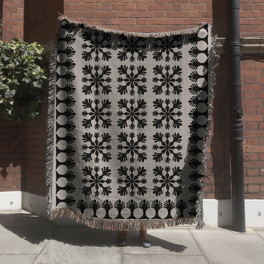 Black And White Boho Snowflake Quilt Pattern Woven Blankets