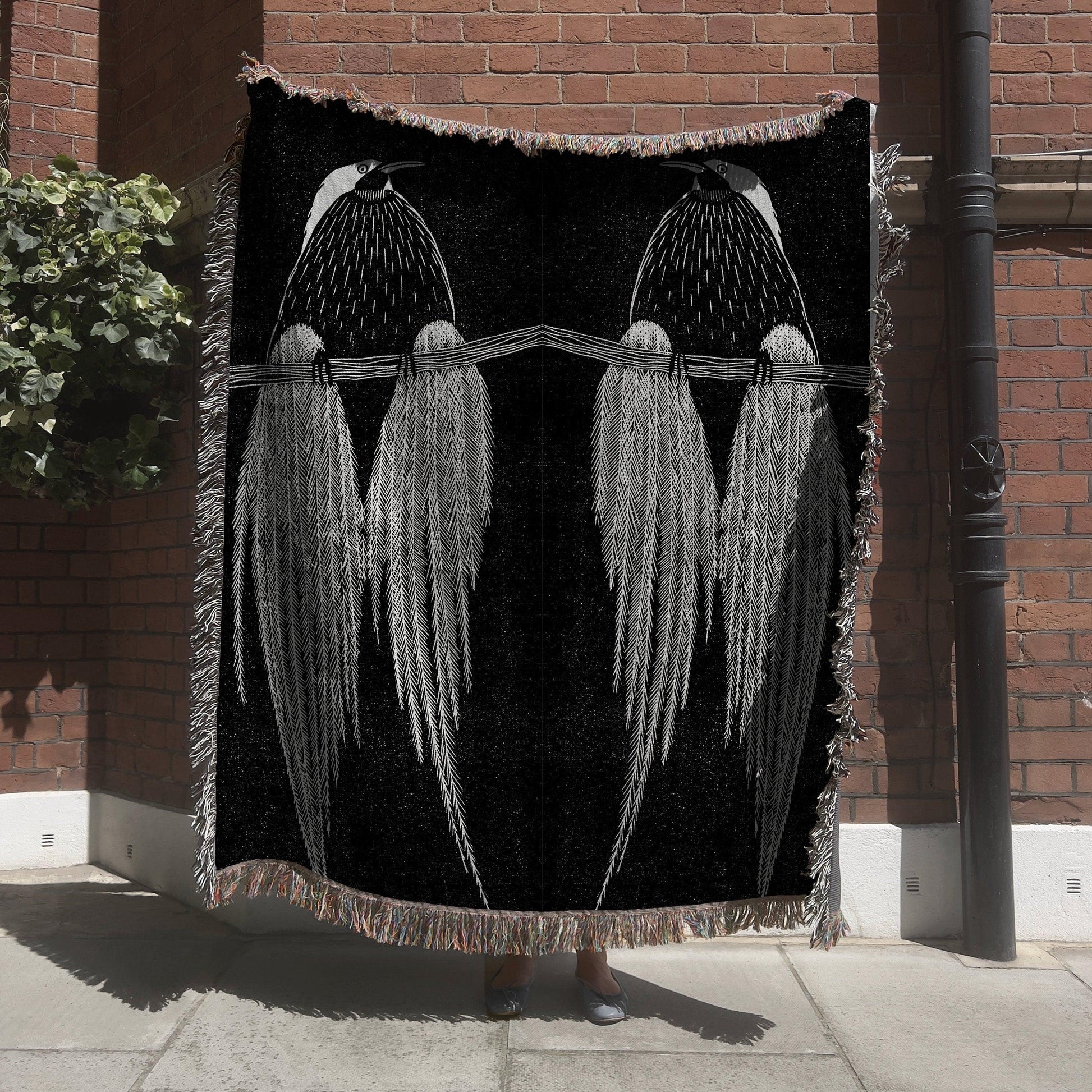 Bird Of Paradise 1920s Art Deco Black Woven Cotton Throw Blanket