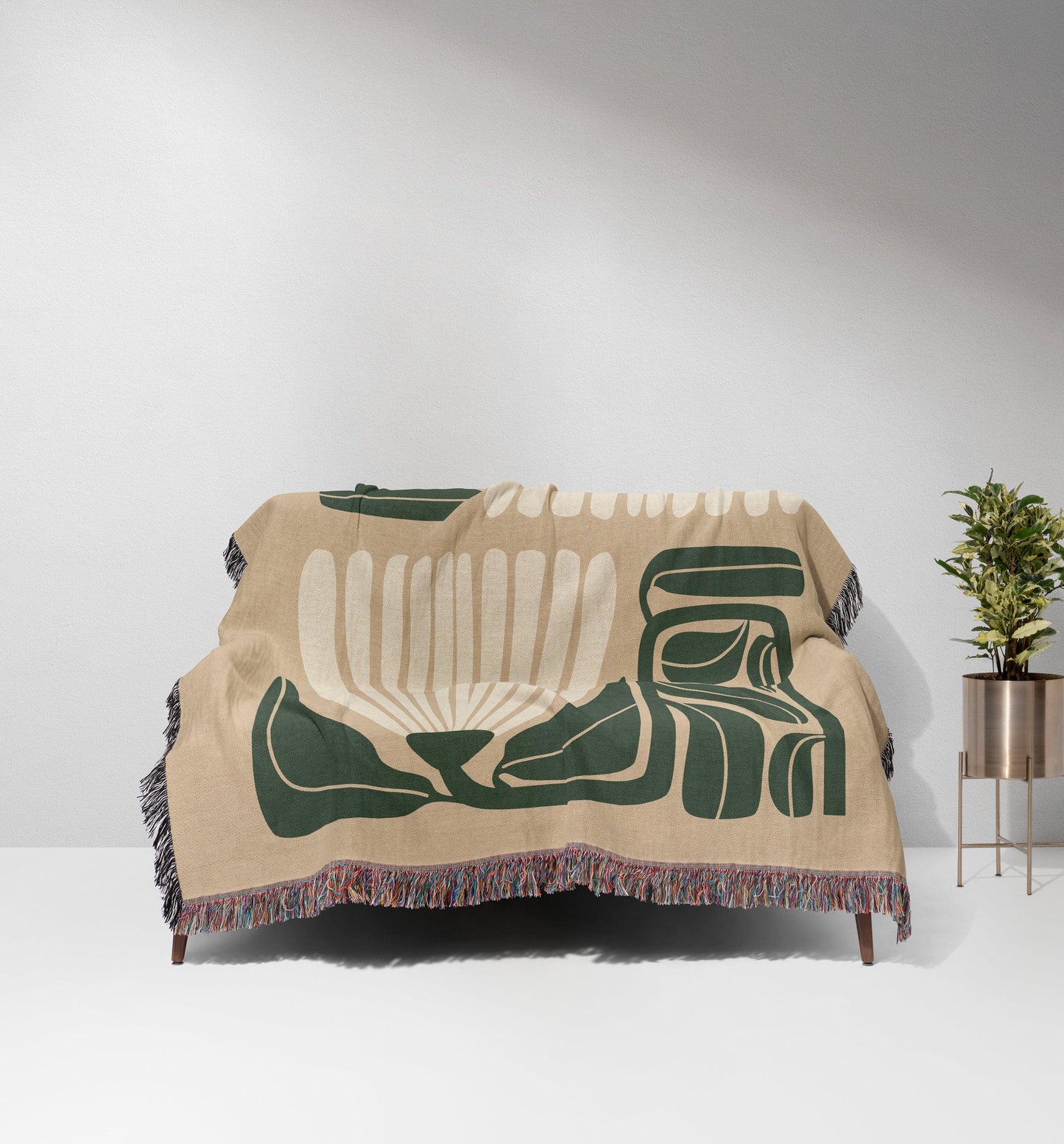 Beige Green 60s Hippie Matisse Floral Woven Blankets