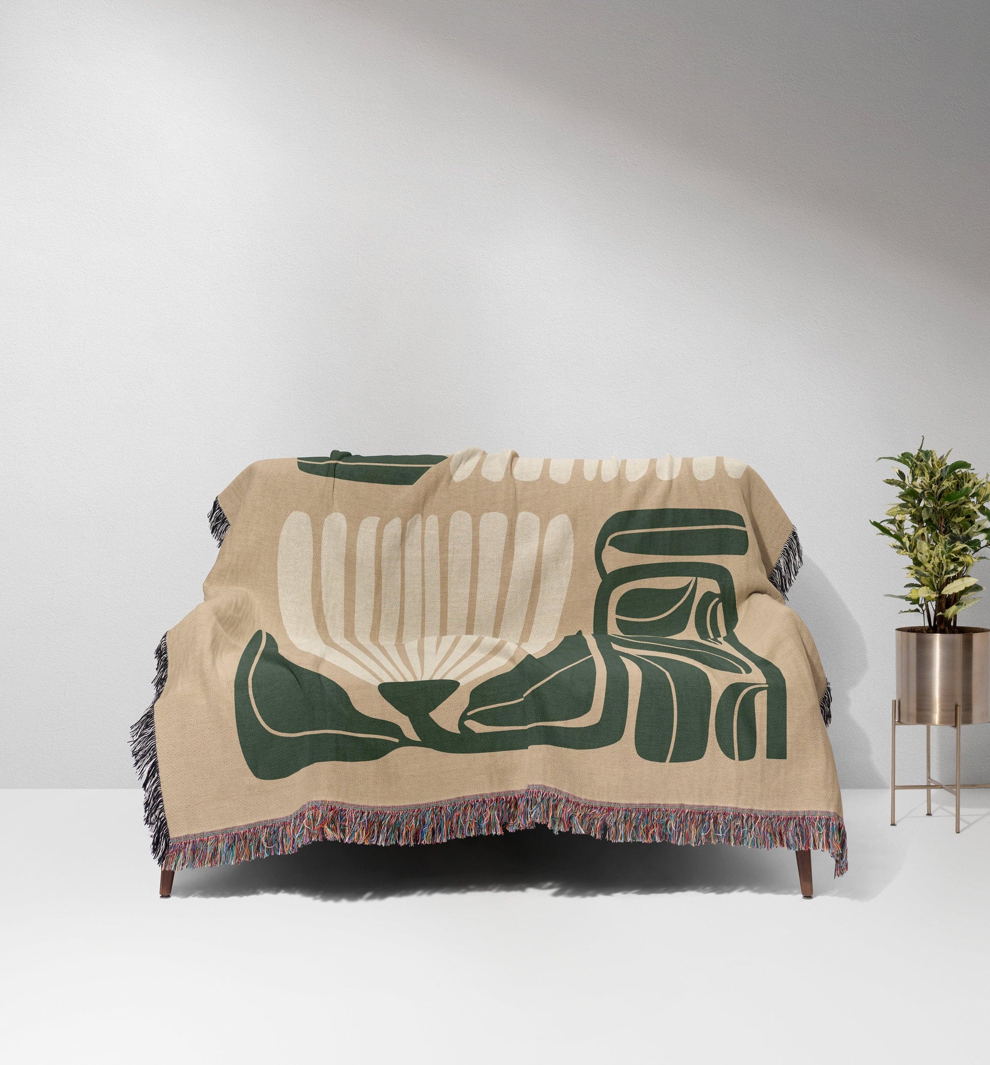 Beige Green 60s Hippie Matisse Floral Woven Blankets