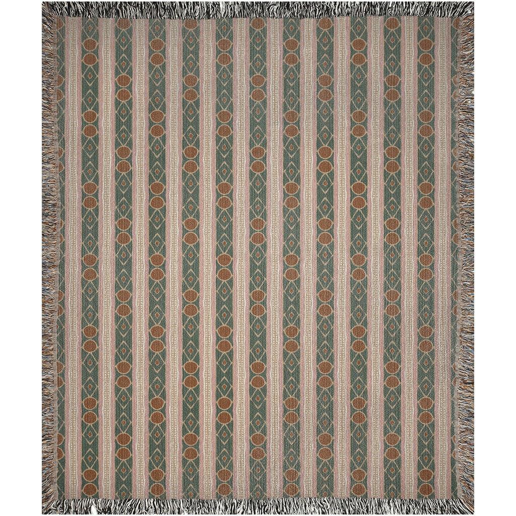 1970s Vintage Pattern Beige Brown And Green Woven Cotton Throw Blankets