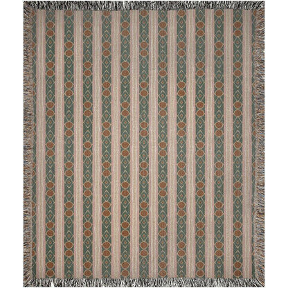 1970s Vintage Pattern Beige Brown And Green Woven Cotton Throw Blankets