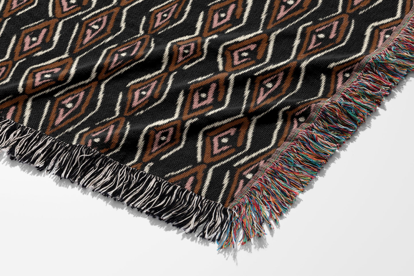 1970s Dark Geometric Pattern Woven Cotton Throw Blankets