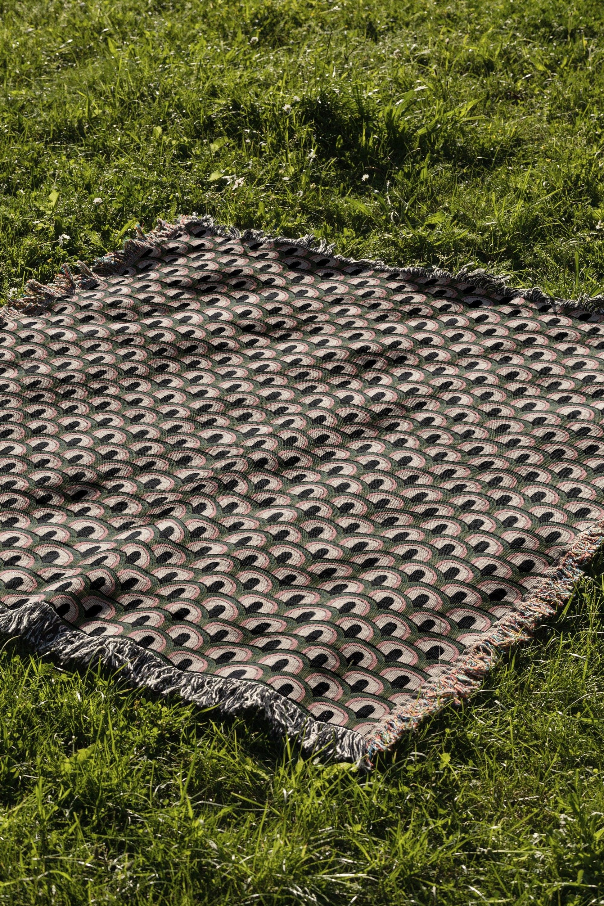 1970s Mod Green And Pink Arches Woven Cotton Throw Blankets