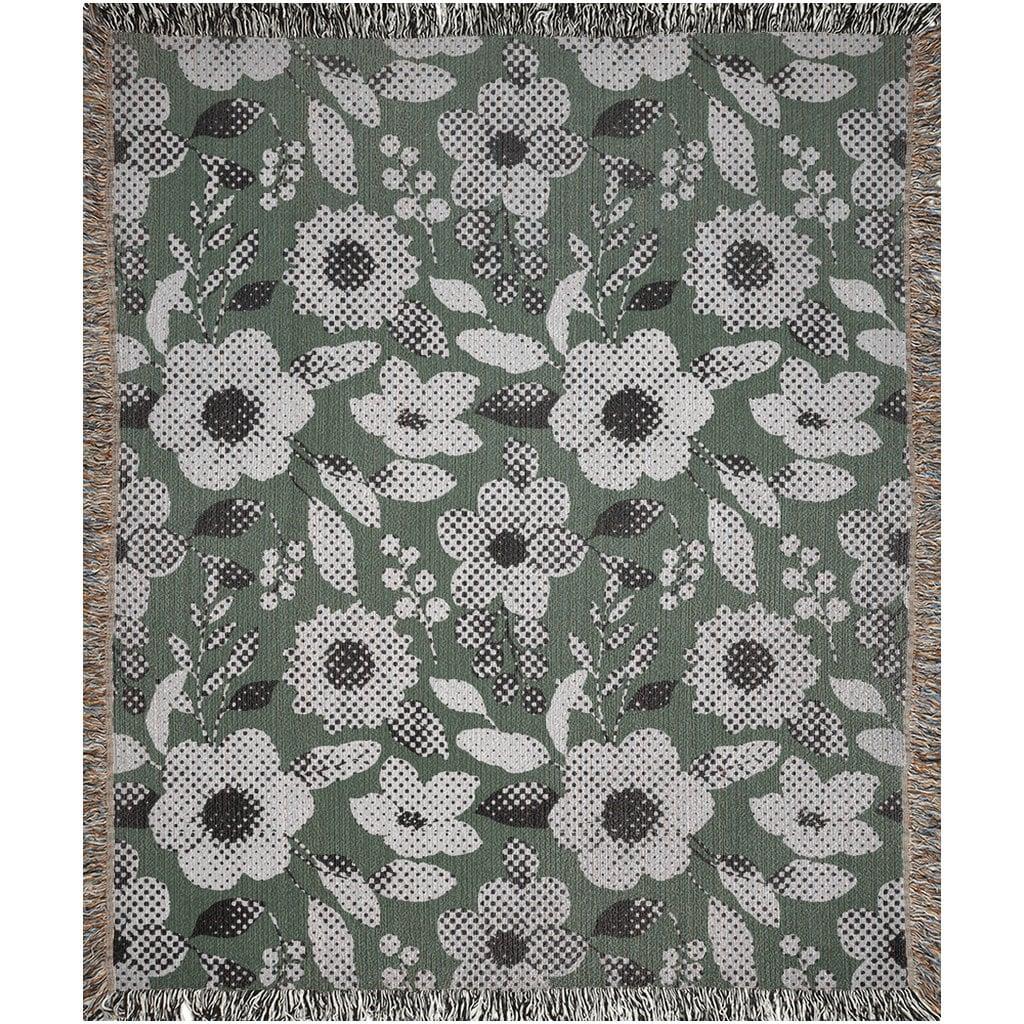 Green And Beige Halftone Flower Pattern Woven Cotton Throw Blankets