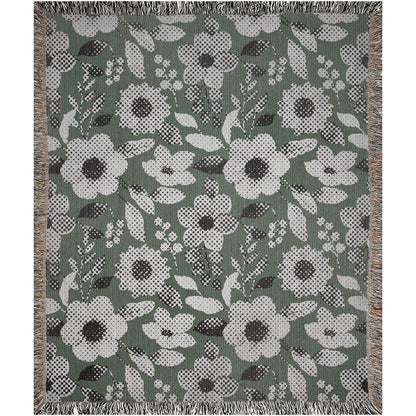 Green And Beige Halftone Flower Pattern Woven Cotton Throw Blankets