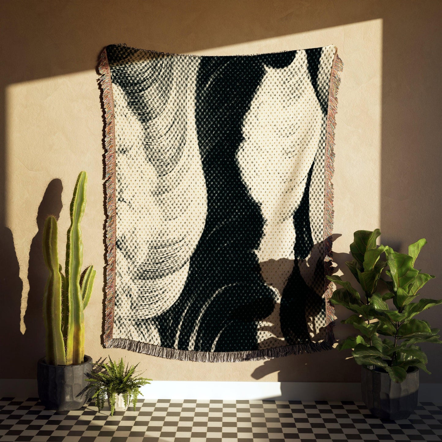 Halftone Black And White Waves Woven Cotton Throw Blankets