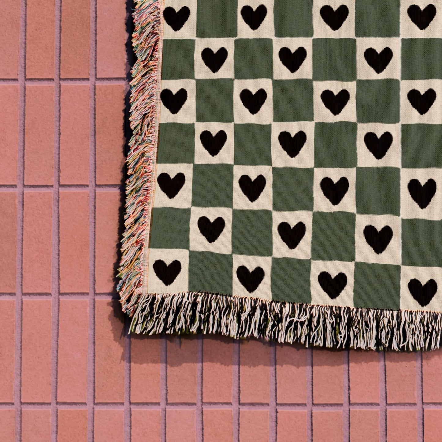 Green Beige Checker Hearts Bohemian Woven Cotton Throw Blankets