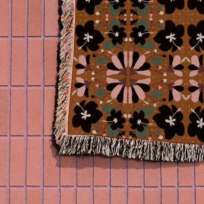 Dark Green Brown Black And Pink Scandi Floral Woven Cotton Blankets